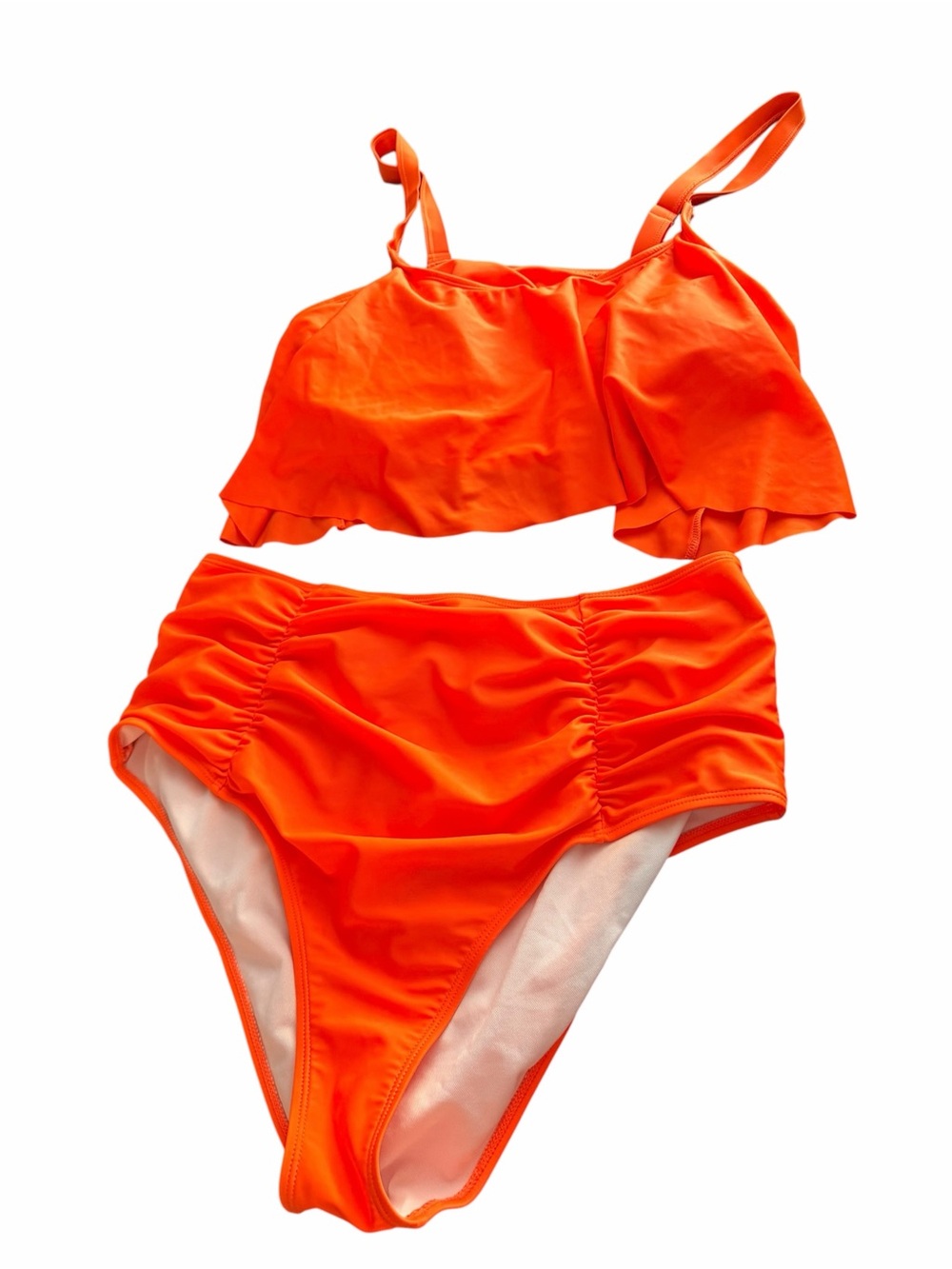 SHEIN Bright Orange Ruffle Tankini Top & High-Waist Bottoms
